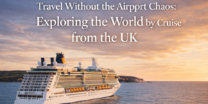 A large white cruise ship sails near the coast at sunset, with cliffs in the background. Text above reads: “Travel Without the Airport Chaos: Exploring the World by Cruise from the UK”.