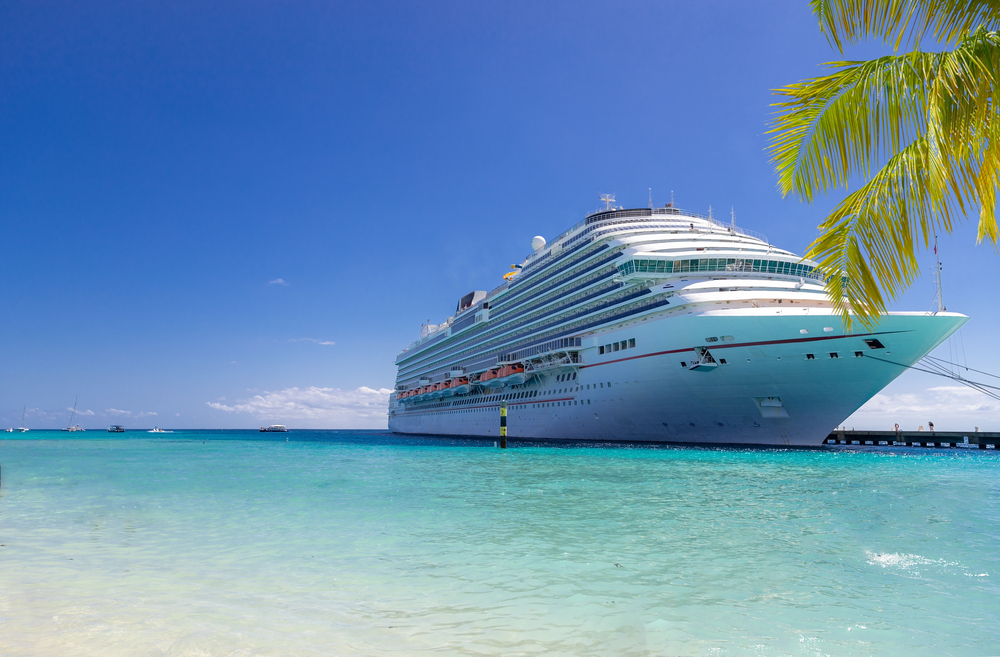 A large white cruise ship berthed at a tropical port with clear turquoise water, blue sky, and a palm tree in the foreground.