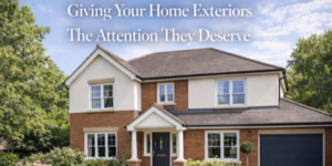 A two-storey house with brick and beige cladding, surrounded by greenery, under a blue sky. Text above the house reads, Giving Your Home Exteriors The Attention They Deserve.