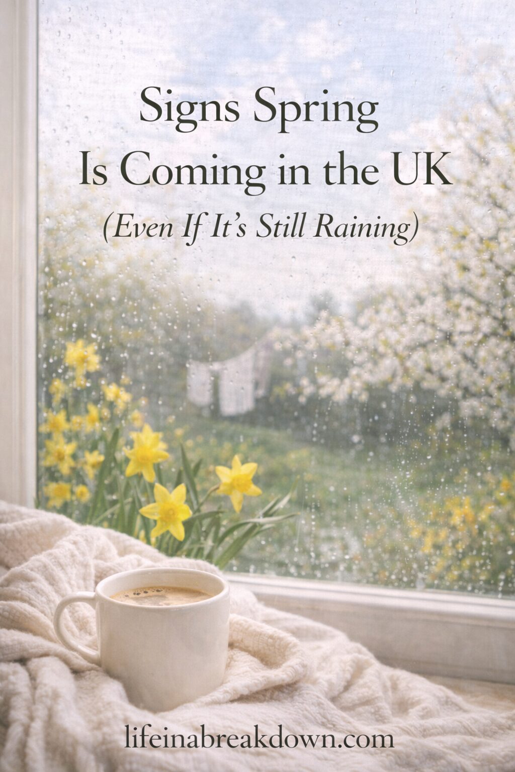 A cosy scene shows a cup of coffee on a blanket by a rain-speckled window, with blooming daffodils and a garden outside. Text reads, Signs Spring Is Coming in the UK (Even If It’s Still Raining).