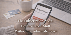 A person holding a phone displaying a subscription cancellation screen, with a credit card and coffee cup nearby. Overlaid text reads: The Subscription Audit: How to Cancel Stuff Without the Admin Meltdown.
