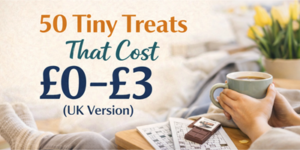A person sits cosy with a hot drink, chocolate bar, and a magazine. Text reads: 50 Tiny Treats That Cost £0–£3 (UK Version). Yellow flowers and a soft blanket are in the background.