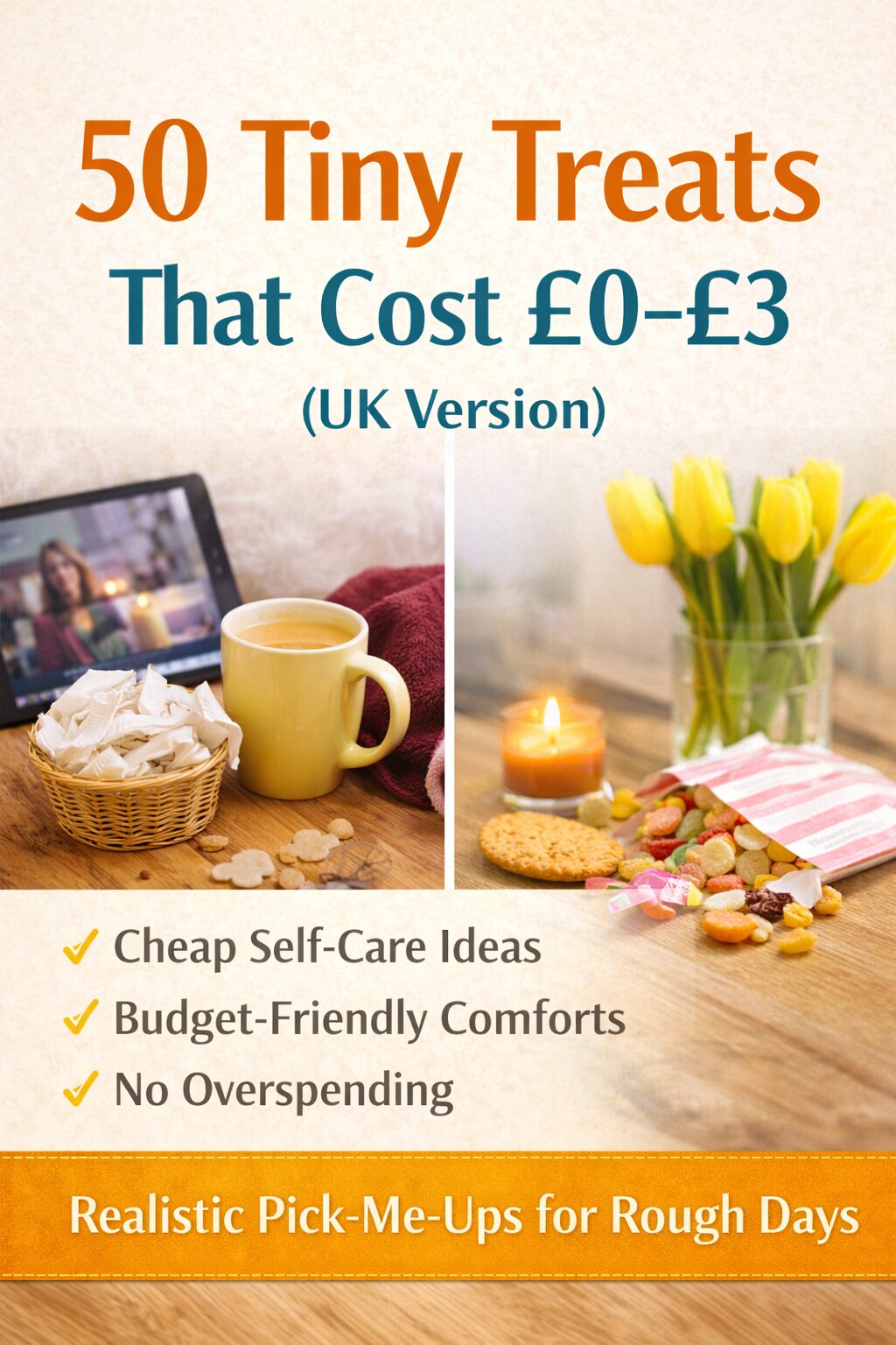 A promotional image for 50 Tiny Treats That Cost £0–£3 (UK Version) featuring a mug, tissues, and snacks on one side, and flowers, a candle, and treats on the other. Text highlights cheap, budget-friendly comforts.
