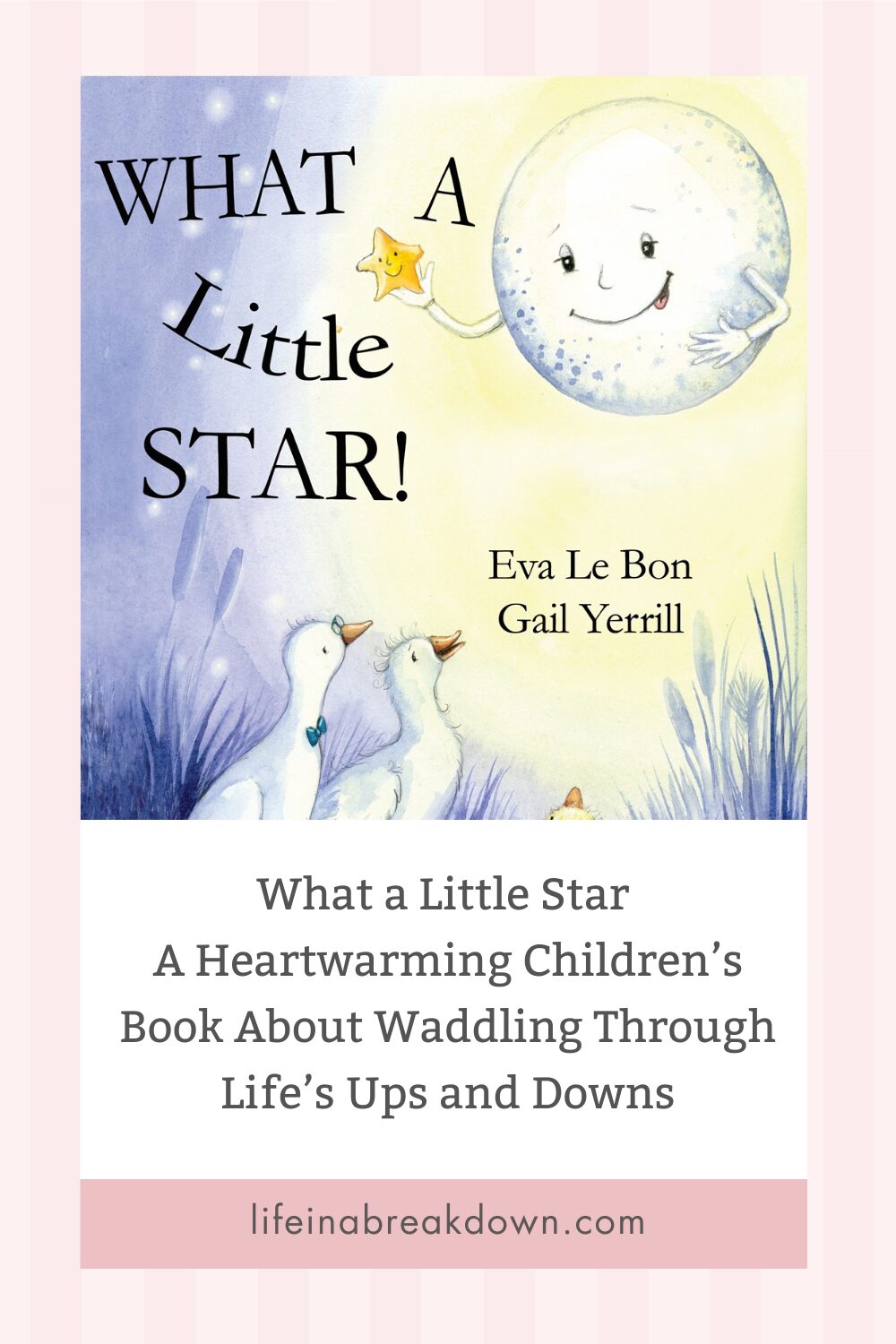 Book cover for What a Little Star! by Eva Le Bon and Gail Yerrill, featuring a smiling star waving at two ducks below. Text below describes it as a heartwarming children’s book about life’s ups and downs.