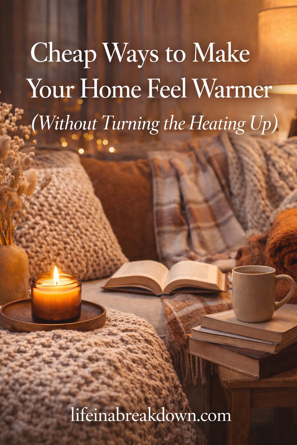 A cosy living room scene with a lit candle, an open book, a cup of coffee, and a stack of books on a table, surrounded by blankets and warm lighting. Text reads: “Cheap Ways to Make Your Home Feel Warmer (Without Turning the Heating Up).”.