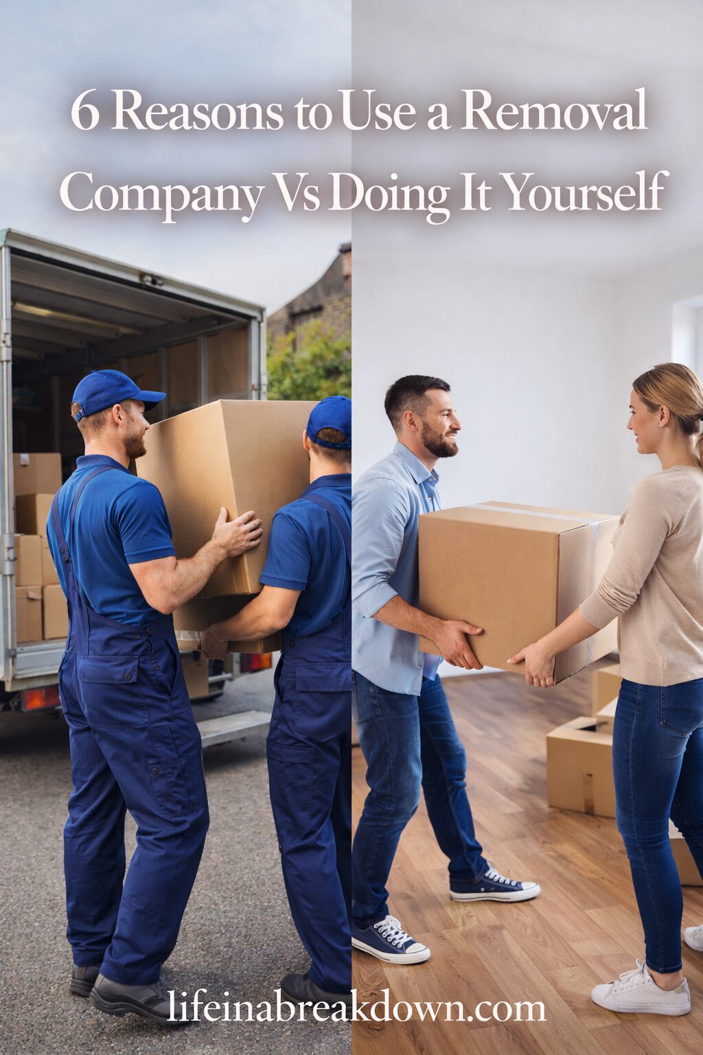 Split image: On the left, two removal men in blue uniforms unload boxes from a lorry; on the right, a man and a woman carry boxes inside a home. Text reads: “6 Reasons to Use a Removal Company Vs Doing It Yourself.”.