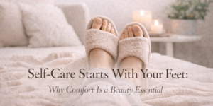 A person wearing soft, fluffy slippers relaxes on a cosy bed with candles and plants in the background. Text reads: Self-Care Starts With Your Feet: Why Comfort Is a Beauty Essential.