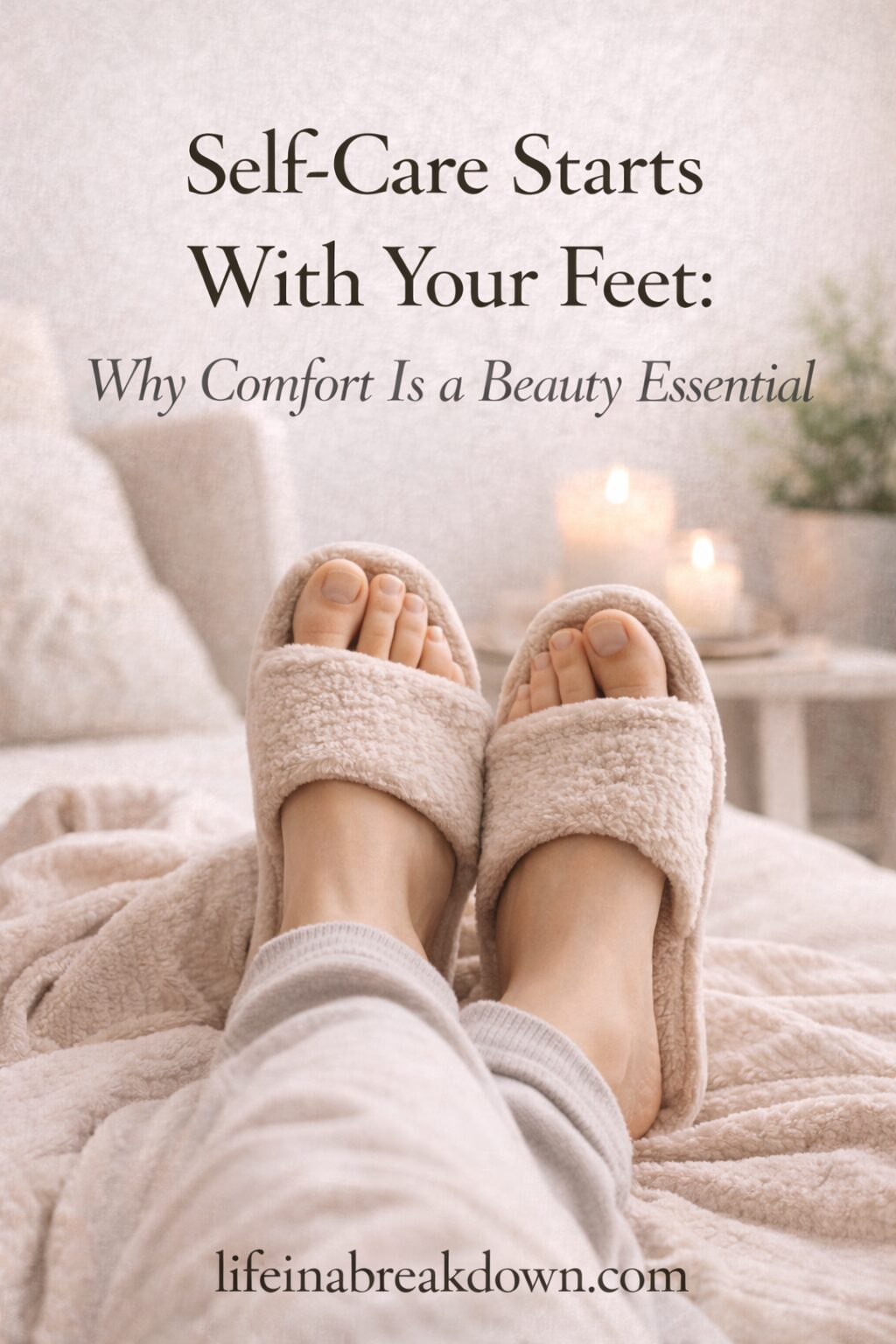 A person wearing cosy slippers relaxes on a soft blanket with lit candles and a plant in the background. The text reads: Self-Care Starts With Your Feet: Why Comfort Is a Beauty Essential.