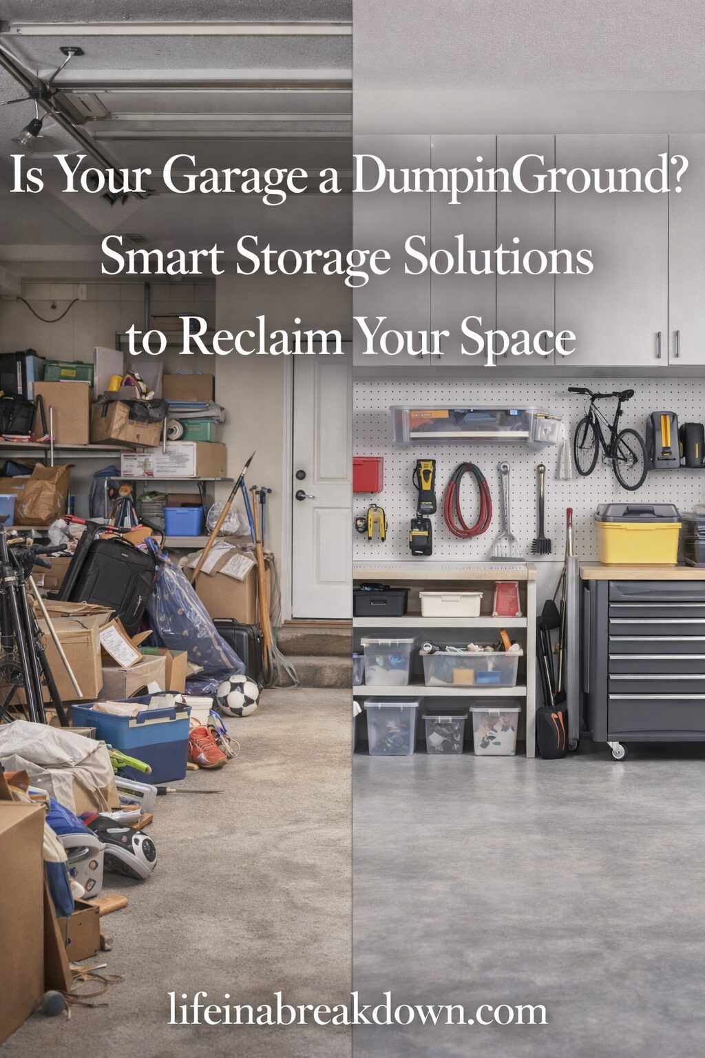 Split-screen garage: left side cluttered with boxes, bikes, and sports kit; right side tidy with organised shelves, storage boxes, tools, and a bike on the wall. Text promotes smart storage solutions for garages.