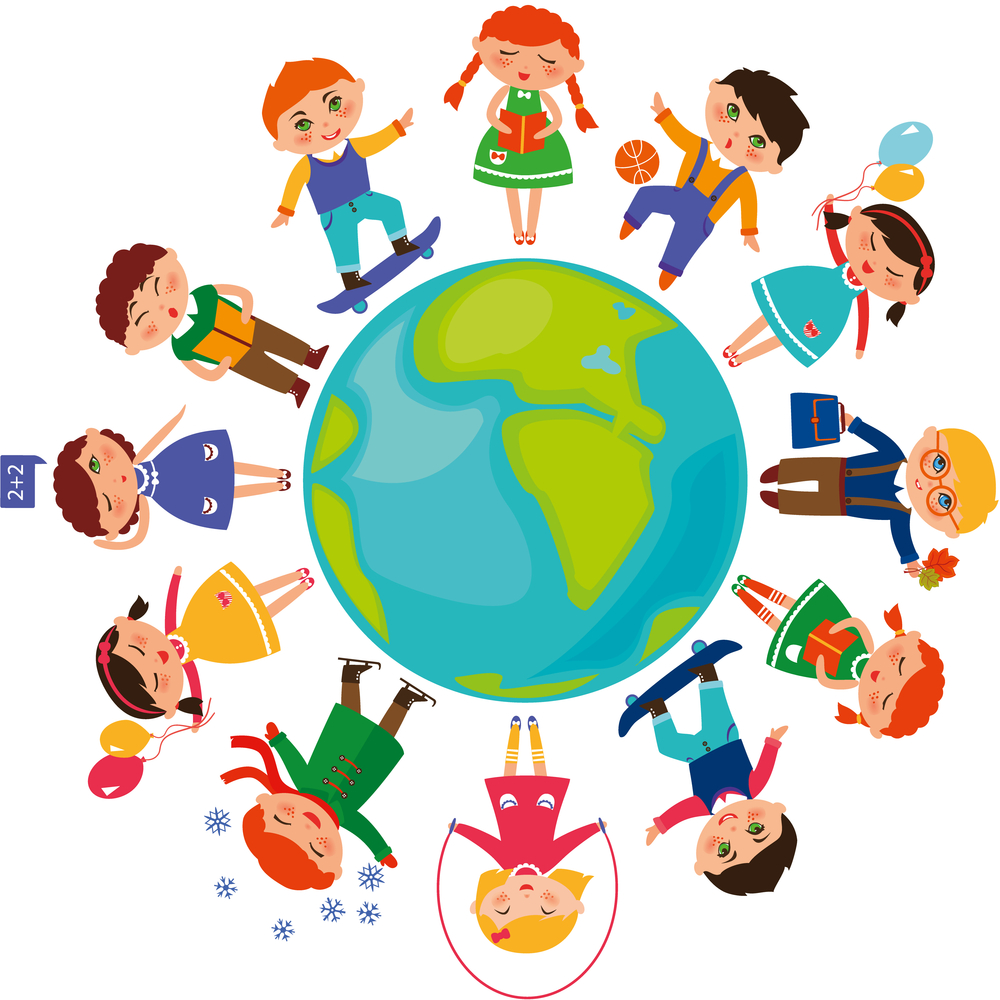 Illustration of diverse children in colourful clothes standing in a circle holding hands around a globe, symbolising unity and friendship across cultures. Some children are holding balloons, books, or toys.