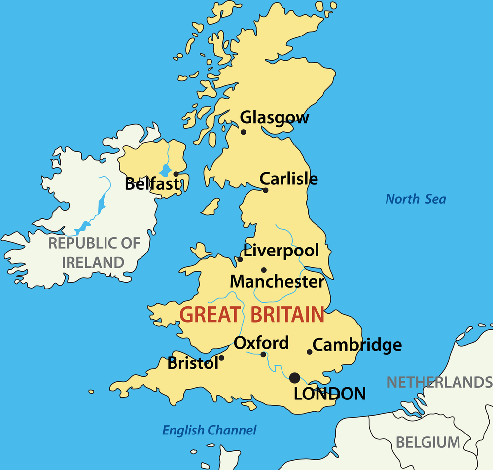 Map showing Great Britain and part of Ireland, highlighting major cities such as London, Manchester, Liverpool, Oxford, Cambridge, Bristol, Glasgow, and Belfast, with surrounding seas and neighbouring countries labelled.
