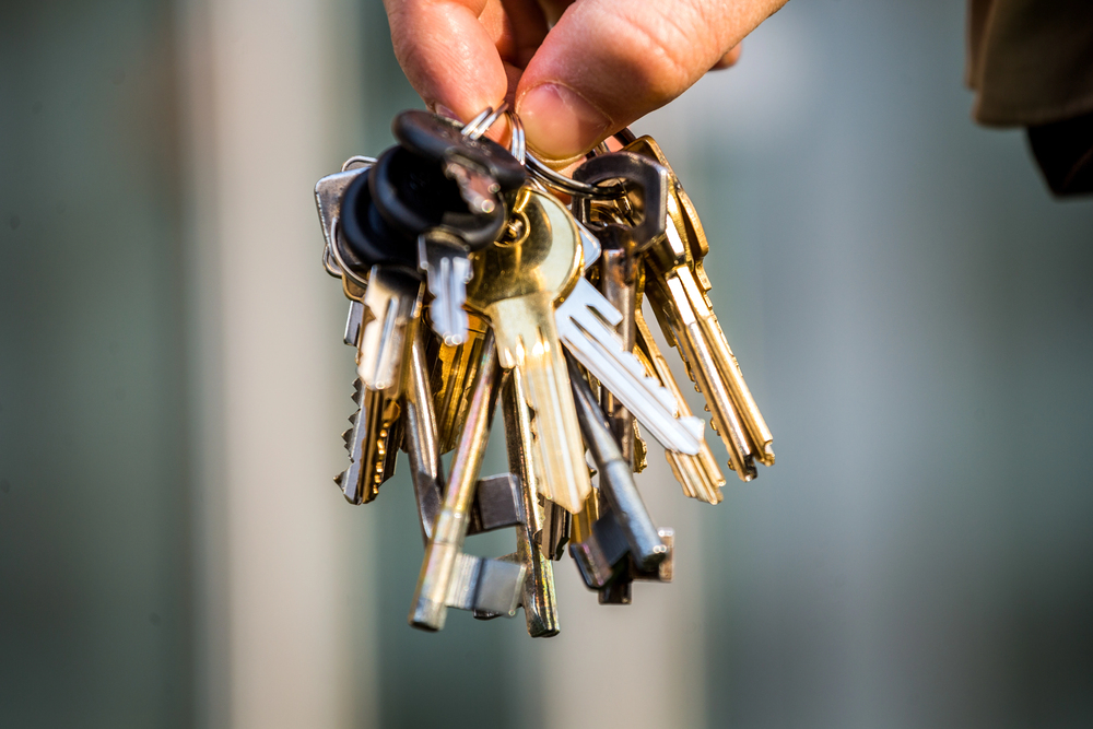 A hand holding a large keyring filled with various metal keys and key fobs, with a blurred background.