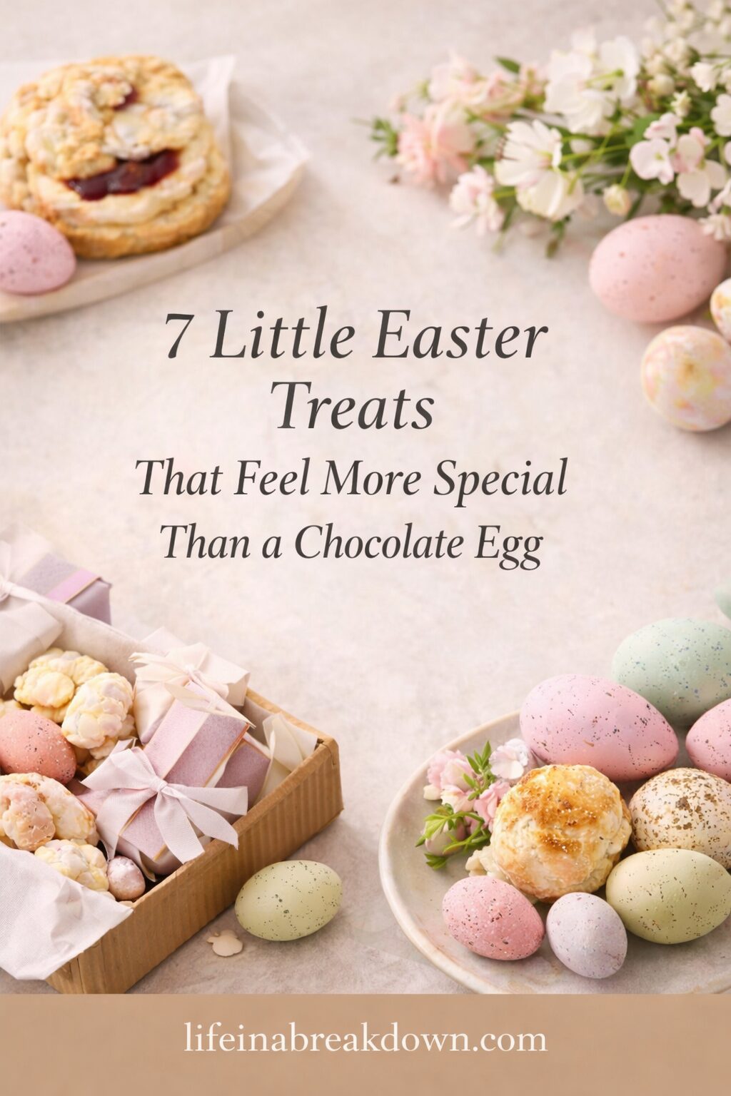 A pastel-themed Easter scene with biscuits, speckled eggs, gifts, and flowers surrounds text that reads, 7 Little Easter Treats That Feel More Special Than a Chocolate Egg. Website: lifeinabreakdown.com.
