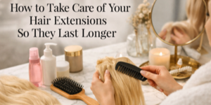 A person brushes blonde hair extensions at a dressing table with a mirror, hairbrush, candle, and hair care products. Text reads: How to Look After Your Hair Extensions So They Last Longer.