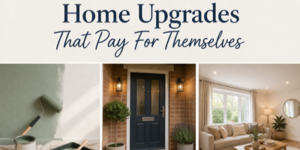 Banner reads Home Upgrades That Pay For Themselves above three images: a paint roller painting a green wall, a black front door with plants, and a bright lounge with a beige sofa and large window.