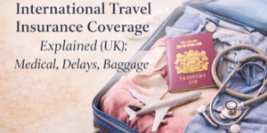 Open suitcase with clothes, a UK passport, stethoscope, and toy aeroplane. Text reads: International Travel Insurance Cover Explained (UK): Medical, Delays, Baggage.