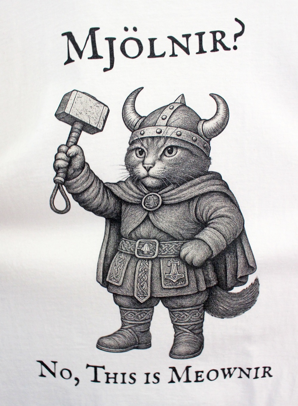 A drawing of a cat dressed as a Viking, holding a hammer and wearing a horned helmet. Text above reads Mjölnir? and below reads No, this is Meownir.