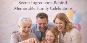 Three generations of a smiling family, including a grandmother, a man, a woman, and a young girl, gather around a birthday cake with lit candles. Balloons are in the background. Text reads: Secret Ingredients Behind Memorable Family Celebrations.
