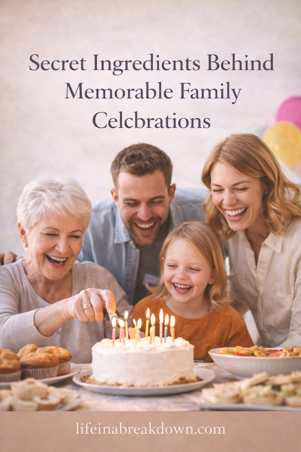 Four smiling family members gather around a birthday cake with lit candles. An elderly woman prepares to cut the cake, while a man, woman, and child look on, surrounded by festive food. Text reads, Secret Ingredients Behind Memorable Family Celebrations.