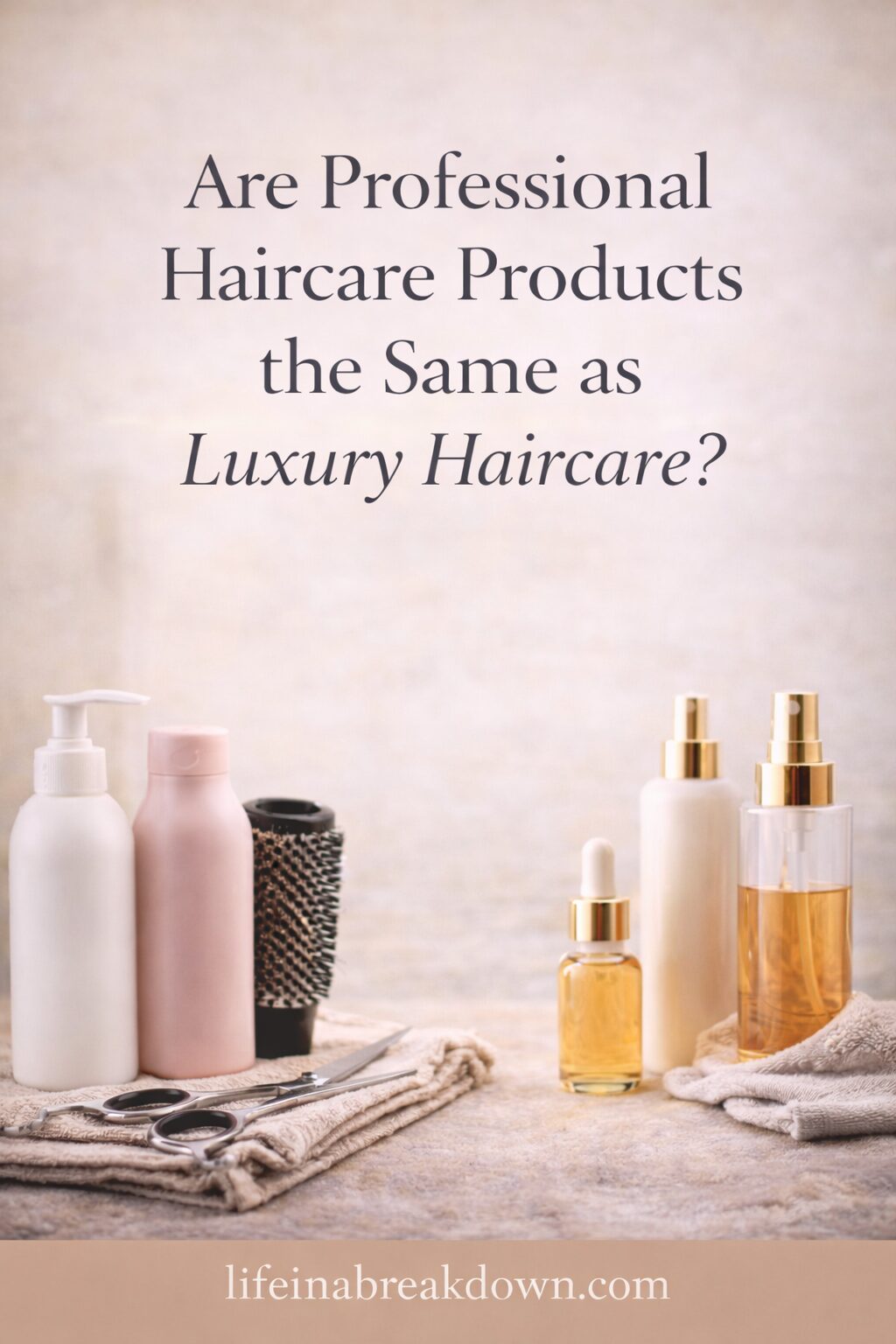 Bottles of haircare products, a hairbrush, scissors, and towels are arranged on a beige surface. Text above asks, Are Professional Haircare Products the Same as Luxury Haircare?.