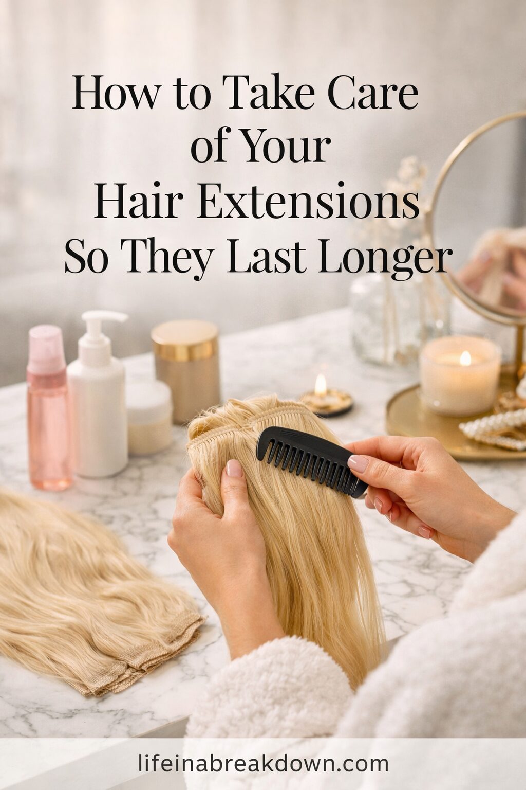 A person gently combs blonde hair extensions at a dressing table with beauty products, candles, and a mirror. Text reads: How to Take Care of Your Hair Extensions So They Last Longer. Website: lifeinabreakdown.com.