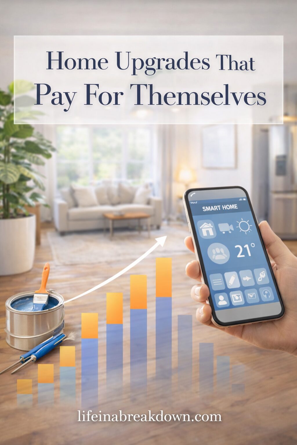 A hand holds a smartphone displaying smart home controls in a modern living room. Nearby are paint tins and brushes, and a bar chart with an upward arrow symbolises increasing value. Text reads, Home Upgrades That Pay For Themselves.