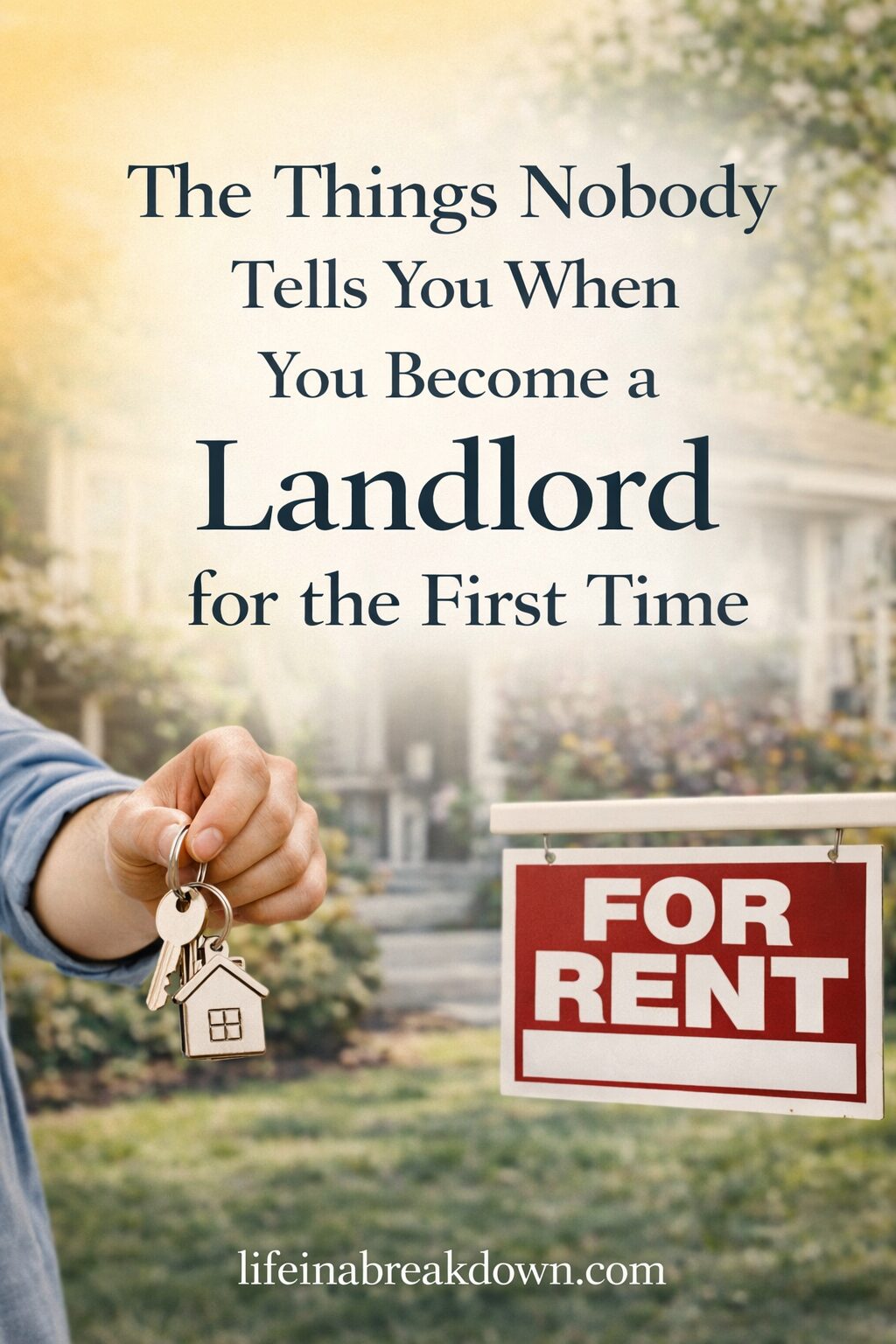A person holds house keys beside a TO LET sign in front of a house. Text reads: What nobody tells you about becoming a landlord for the first time. lifeinabreakdown.com.