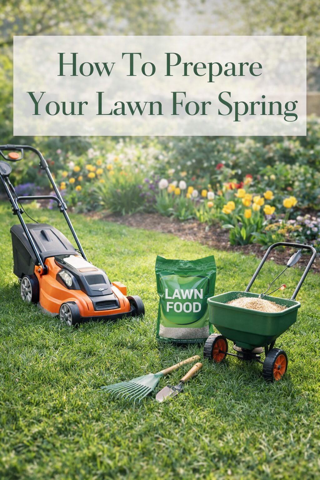 A lawnmower, lawn feed, a spreader, rake, and trowel are arranged on a green lawn with blooming flowers in the background. Text reads: How To Prepare Your Lawn For Spring.