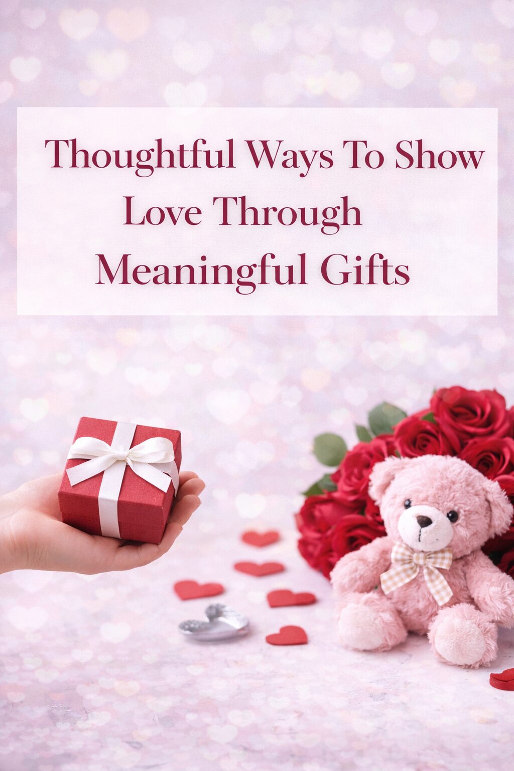 A hand holds a small red gift box with a white ribbon. Behind it are a pink teddy bear, a bouquet of red roses, and scattered heart shapes. Text reads: Thoughtful Ways to Show Love Through Meaningful Gifts.