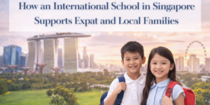 Two smiling schoolchildren with rucksacks stand outdoors, with Marina Bay Sands and the Singapore skyline in the background. A banner above them reads: How an International School in Singapore Supports Expat and Local Families.