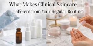 A gloved hand holds a dropper over a brown bottle on the left, and a hand dispenses serum from a dropper on the right. Text reads: “What Makes Clinical Skincare Different from Your Regular Routine?”.