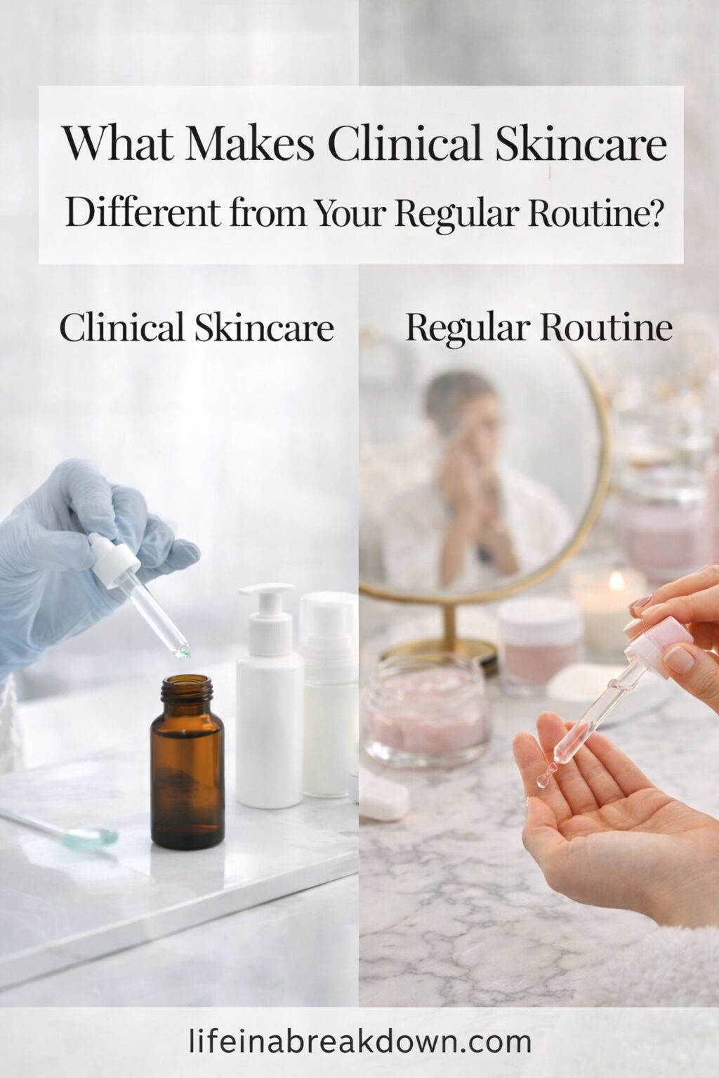 A split image comparing clinical skincare, shown with gloved hands and laboratory bottles, to a regular skincare routine, shown with bare hands and beauty products in front of a mirror. Text explains the difference between the two approaches.