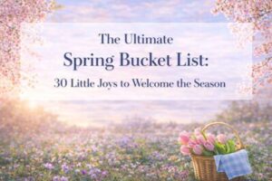 A pastel spring meadow with flowering blooms, trees with pink blossoms, and a basket of pink tulips and a gingham cloth. Text reads: The Ultimate Spring Bucket List: 30 Little Joys to Welcome the Season.