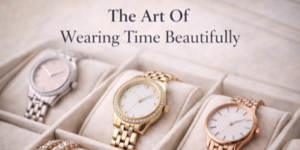 A display of elegant wristwatches in silver, gold, and rose gold tones with the text The Art Of Wearing Time Beautifully above them.