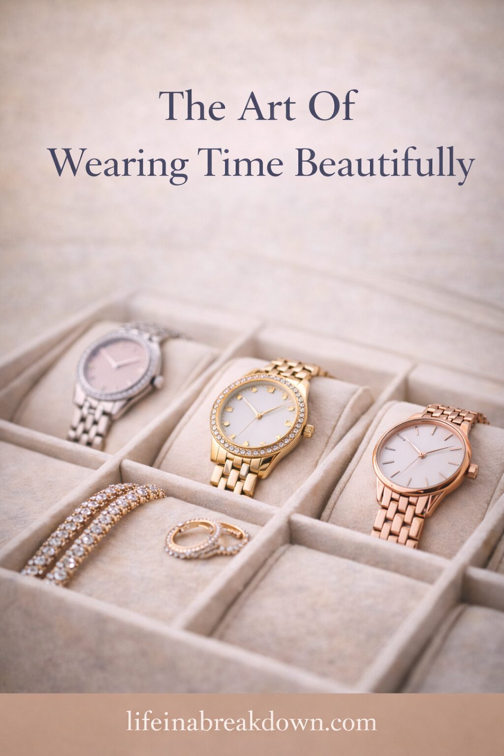 Three elegant wristwatches—silver, gold, and rose gold—are displayed in a beige jewellery box alongside matching bracelets and rings. Text above reads, The Art Of Wearing Time Beautifully.
