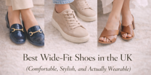 Three pairs of women’s wide-fit shoes: navy loafers, beige trainers, and tan heeled sandals. Text below reads: “Best Wide-Fit Shoes in the UK (Comfortable, Stylish, and Actually Wearable).”.
