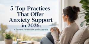A woman with brown hair sits by a window holding a mug, looking outside. Text reads: “5 Top Practices That Offer Anxiety Support in 2026: A Review for the UK and Australia.”.