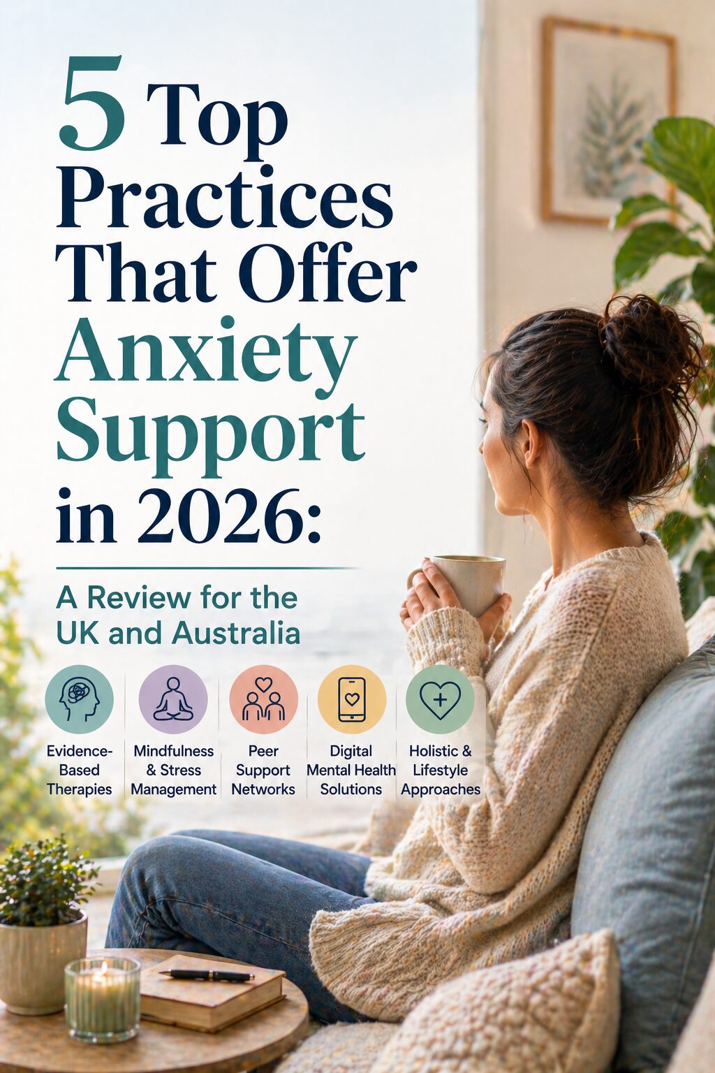 A woman sits on a sofa by a window, holding a mug and looking outside. Overlay text reads: “5 Top Practices That Offer Anxiety Support in 2026: A Review for the UK and Australia” with five icons and related text below.