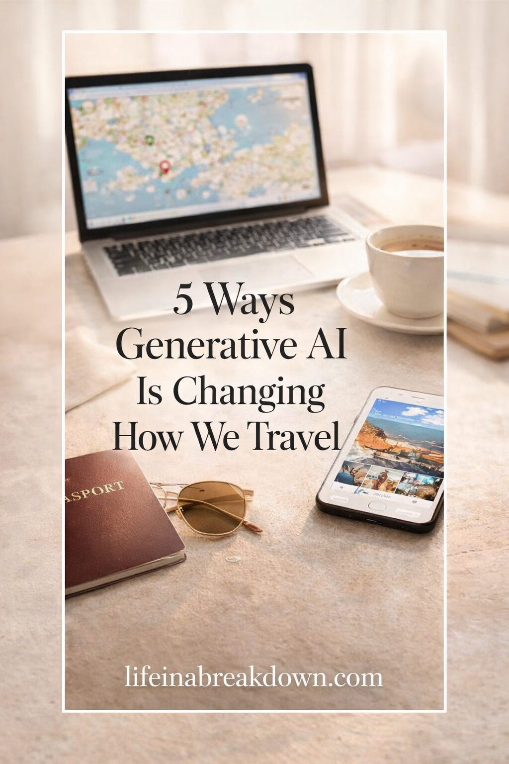 A laptop displaying a map, a coffee cup, a passport, sunglasses, and a mobile with a travel image sit on a table. Text overlay reads: 5 Ways Generative AI Is Changing How We Travel.
