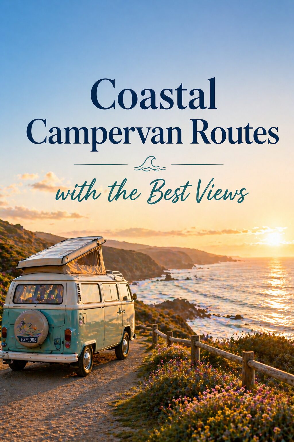 A vintage campervan parked by a coastal cliff at sunset, overlooking the sea with the text Coastal Campervan Routes with the Best Views above the scene.
