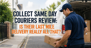 A courier in a navy uniform carries a cardboard box from a delivery van parked on a residential street. Overlaid text reads: Collect Same Day Couriers Review: Is their last mile delivery really all that?.