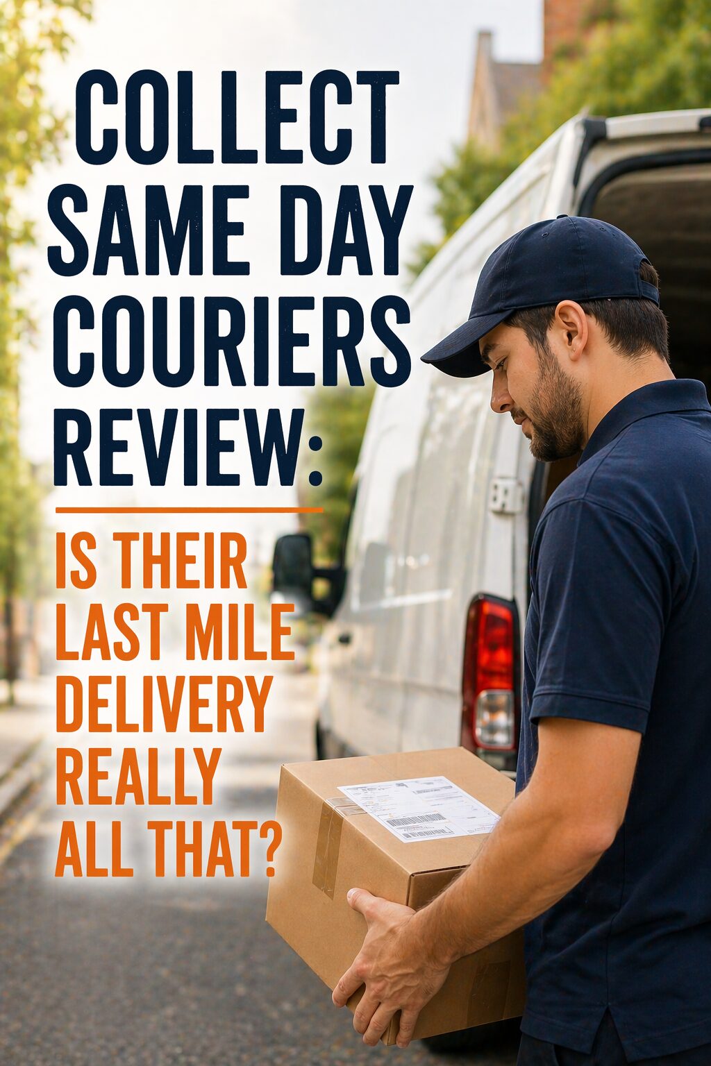 A courier in a navy uniform holds a parcel beside a delivery van. Large text reads: Collect Same Day Couriers Review: Is their last mile delivery really all that?.