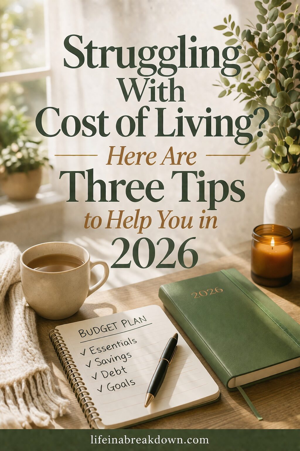 A cosy desk scene with coffee, a candle, plants, a green 2026 diary, and a notebook showing a budget plan. Text reads: Struggling with Cost of Living? Here are Three Tips to Help You in 2026.