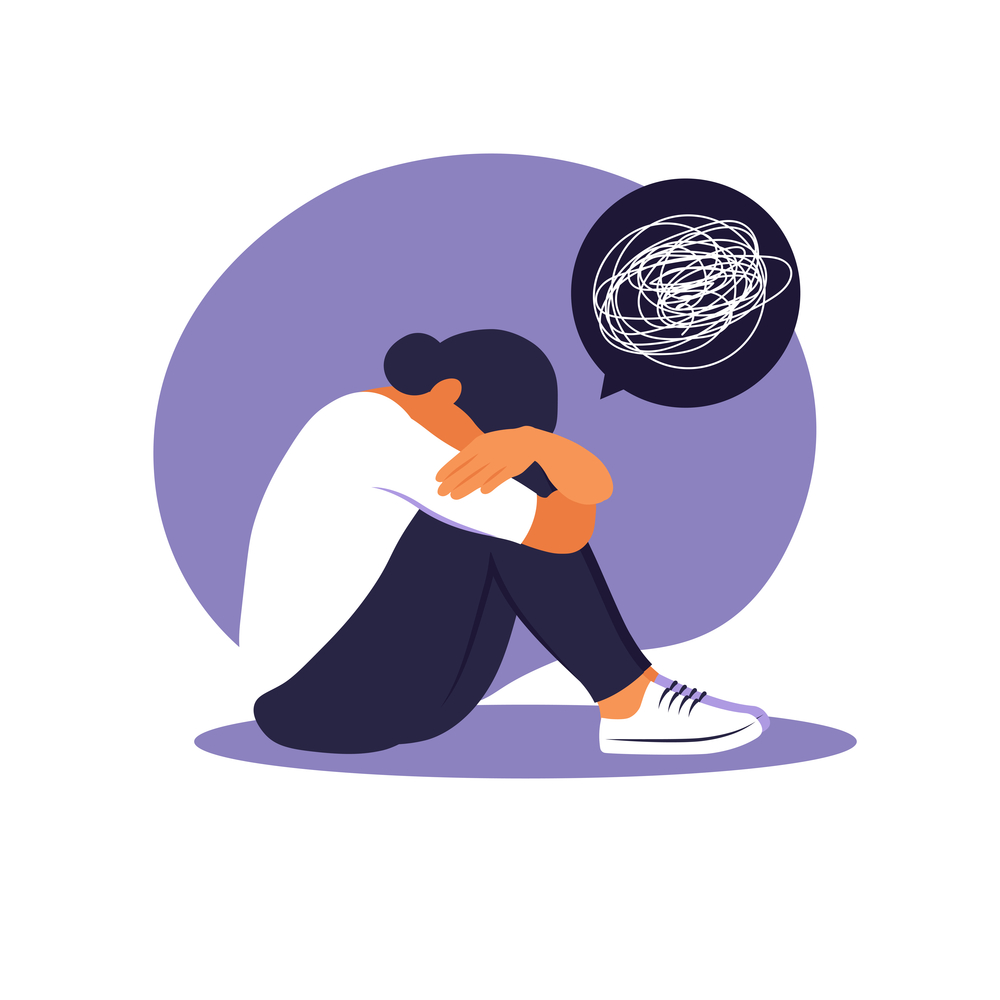 Illustration of a person sitting on the ground with knees drawn up and head resting on their arms, appearing sad or anxious. A thought bubble with a scribble symbol represents mental distress or confusion.