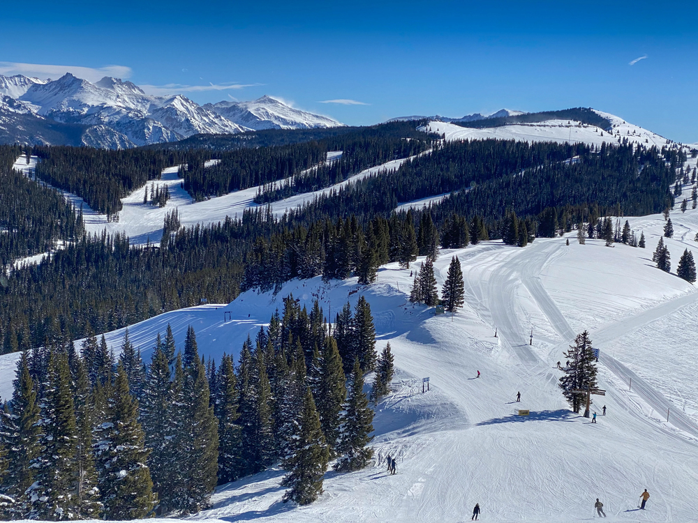 Snow-covered mountain ski slopes with scattered skiers, surrounded by pine trees and forested hills, under a clear blue sky with distant snowy peaks in the background.
