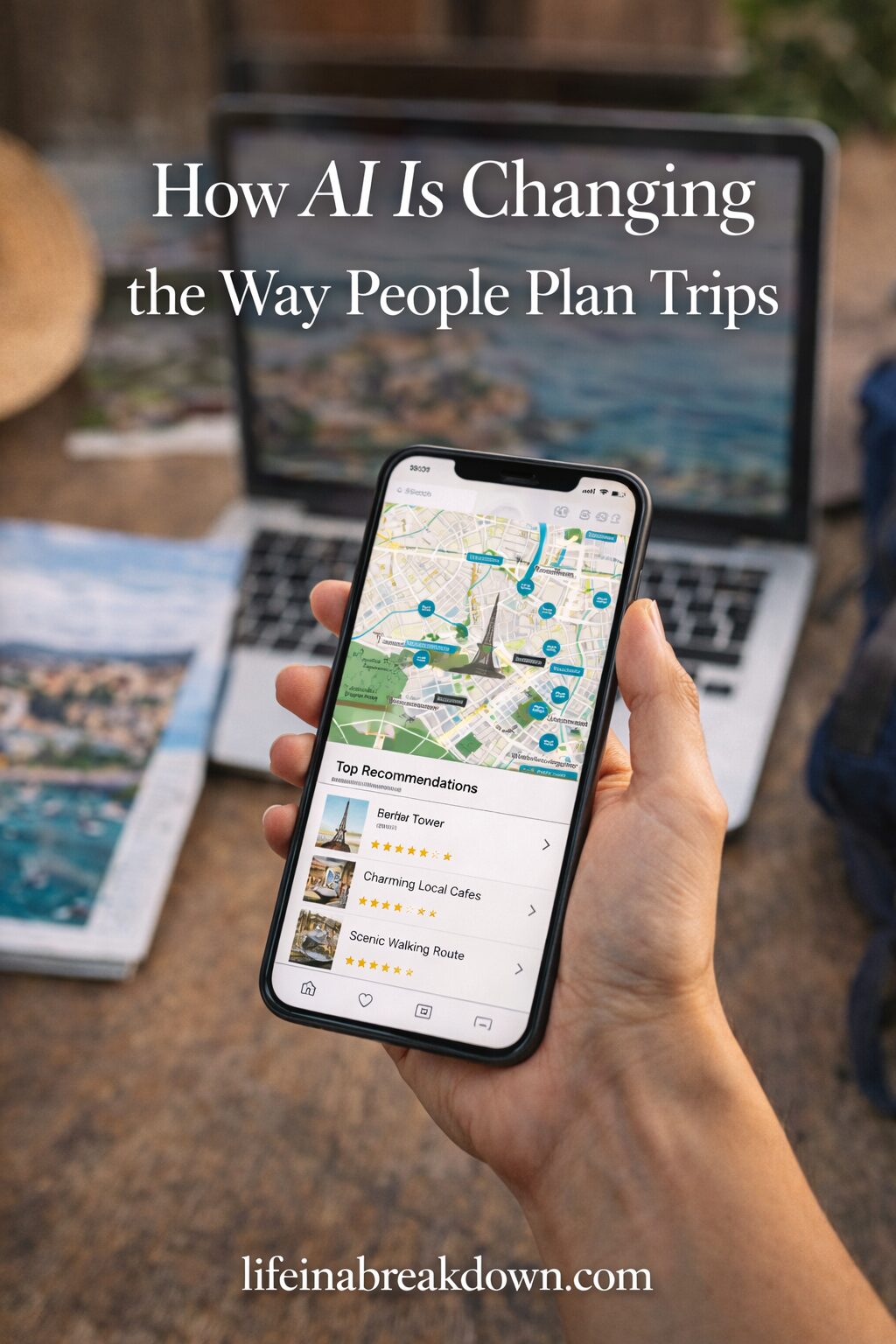 A hand holding a smartphone displaying a travel planning app with a map and top recommendations; a laptop and travel materials are on a wooden table in the background. Text reads How AI Is Changing the Way People Plan Holidays.