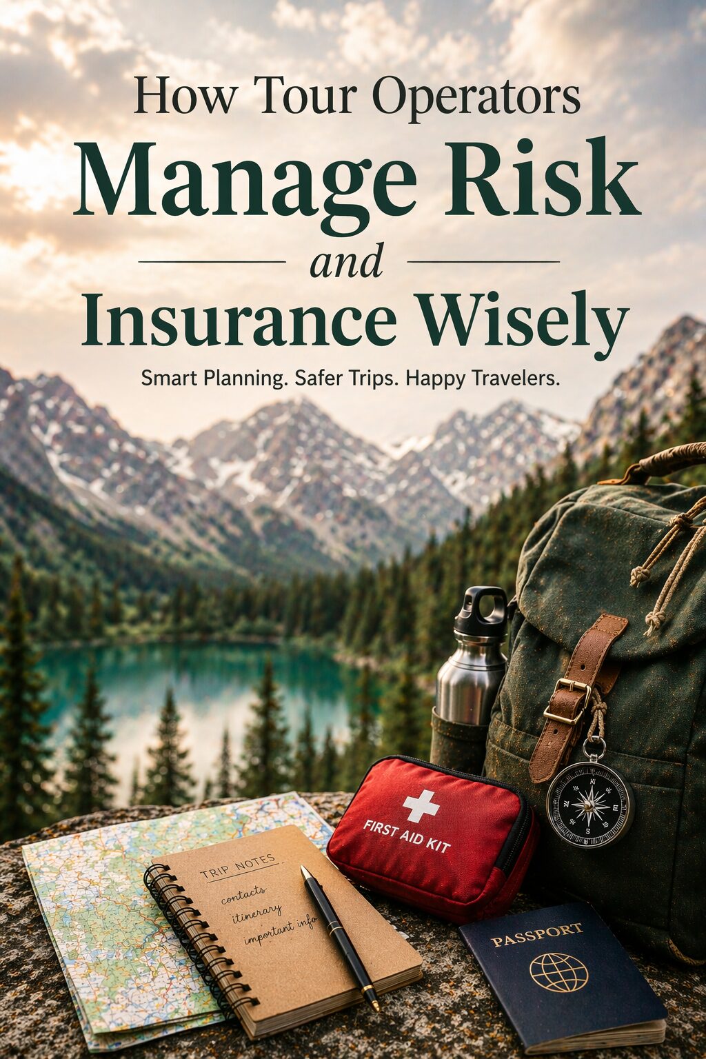A travel-themed flat lay with a rucksack, compass, water bottle, first aid kit, passport, and a notebook, set against a scenic mountain lake background. Text: How Tour Operators Manage Risk and Insurance Wisely.