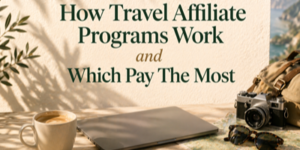 A cup of coffee, a closed laptop, a camera, and sunglasses sit on a table with a rucksack nearby. The text reads, How Travel Affiliate Programmes Work and Which Pay The Most.