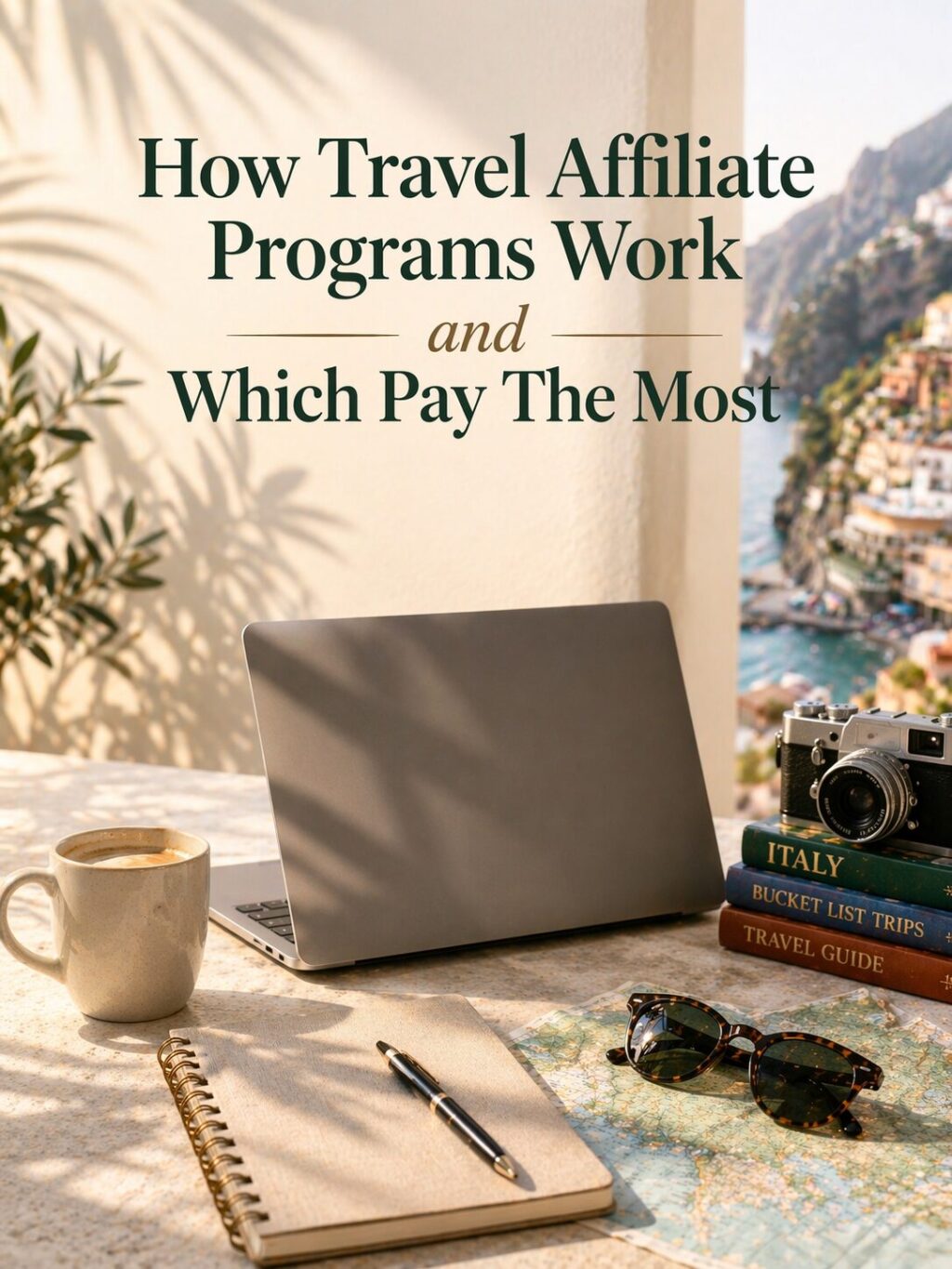 A laptop, camera, cup of coffee, stacked travel books, notebook, pen, and sunglasses are on a sunlit outdoor table overlooking a coastal town. Text reads, “How Travel Affiliate Programmes Work and Which Pay The Most.”.