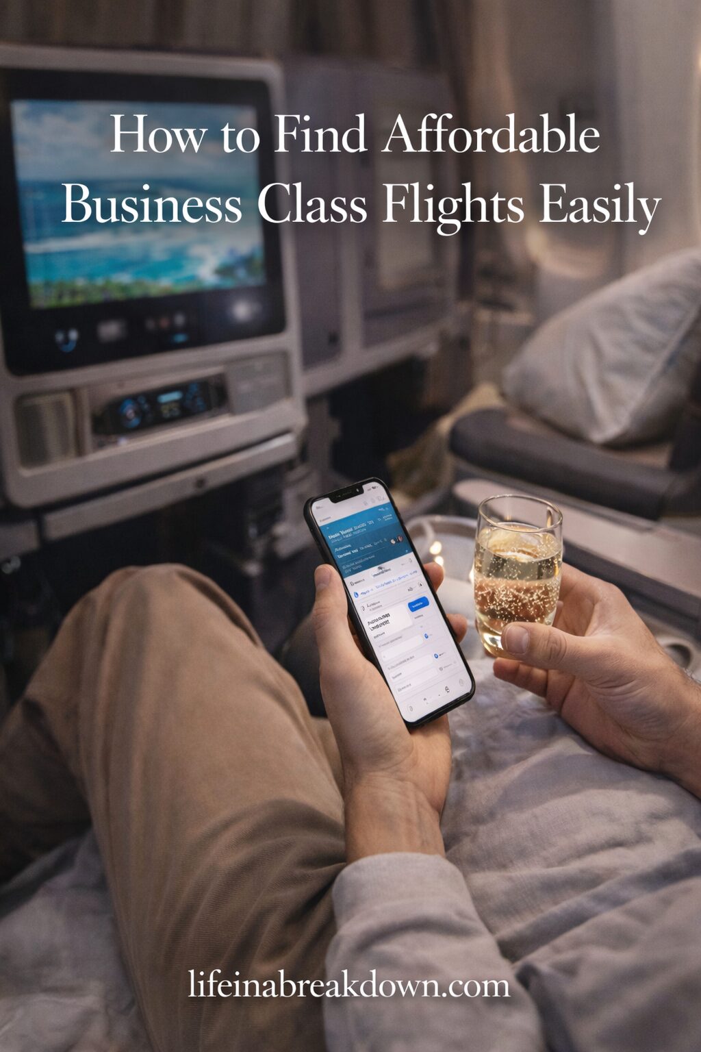 A person sits in a business class aeroplane seat holding a glass of champagne in one hand and a smartphone showing a flight booking page in the other. The text on the image reads, “How to Find Affordable Business Class Flights Easily.”.